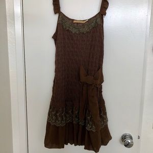 Buduan Layered Brown Green Ruffle Mori Girl Dress